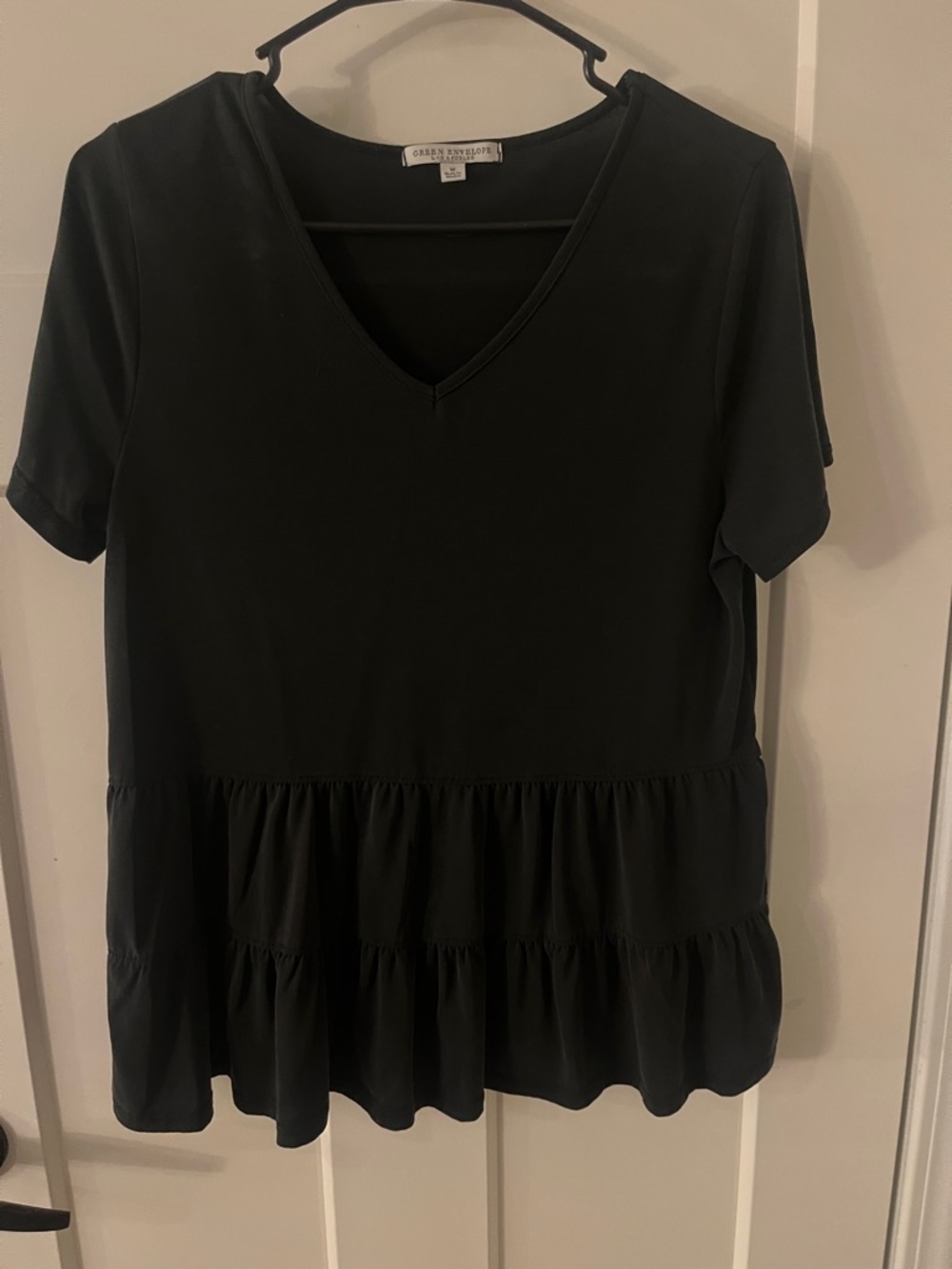 Green Envelope Black V-Neck Tiered Peplum Blouse